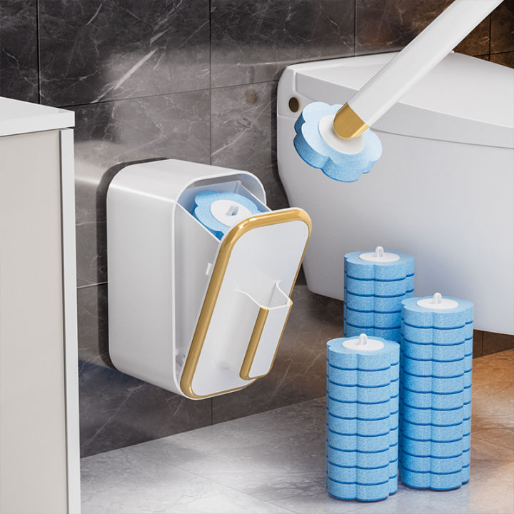 1 Set of Wall-Mounted Long-Handle Disposable Toilet Brush Set, with Built-In Antibacterial Cleaning Liquid and Replacement Brush Heads, for Clean and Hygienic Cleaning Without Dead Corners