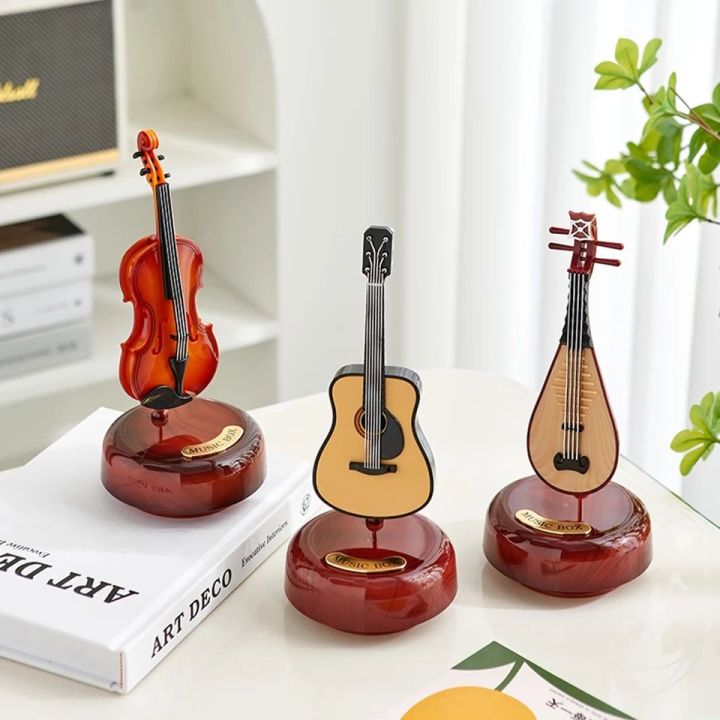 Rotating Music Box Musical Instrument Crafts Miniature Cello Violin Model Creative Mini Box Base No Battery Required - For