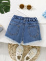 Girls' denim shorts baby children's summer wear woolly edge elastic waist denim blue. 