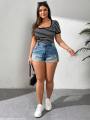 Hot Sale Leisure Striped Versatile Comfortable F-Neck Plus Size Women's T-Shirt.