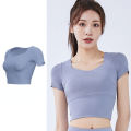 Slim Solid T Shirts for Women with Chest Pads Yoga T Shirts Gym Trainning Running High Elastic Fashion Knit Fitness Short Sleeve.