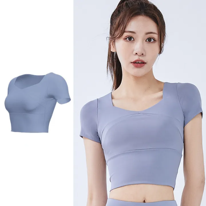 Slim%20Solid%20T%20Shirts%20for%20Women%20with%20Chest%20Pads%20Yoga%20T%20Shirts%20Gym%20Trainning%20Running%20High%20Elastic%20Fashion%20Knit%20Fitness%20Short%20Sleeve%20-%20Image%203
