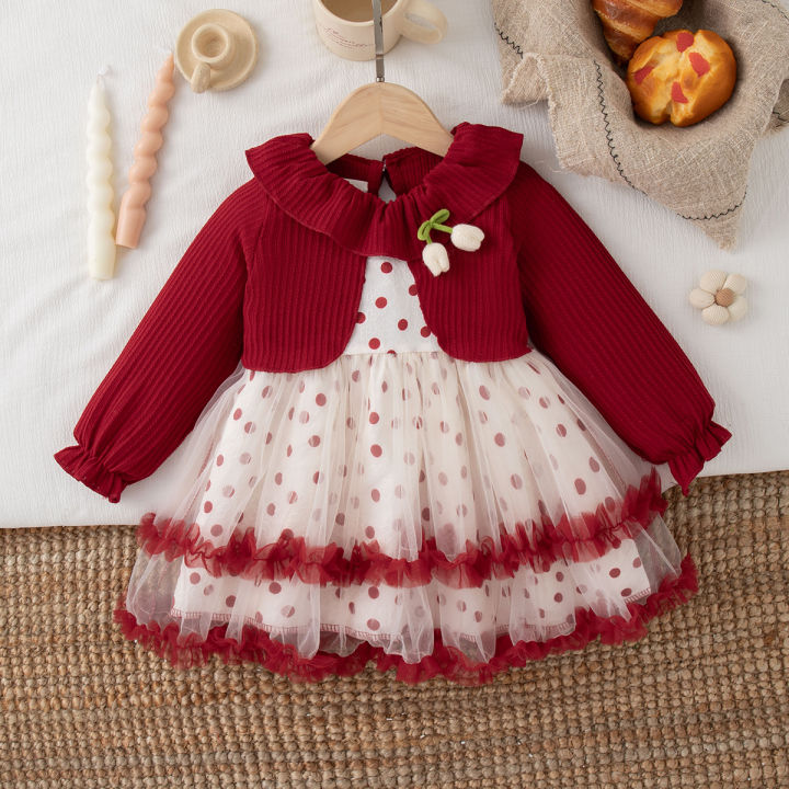 Autumn New Christmas Party Baby Girl Dress, Cute Polka Dot Children'S Clothing Suitable For Babies Aged 6 Months To 3 Years Old