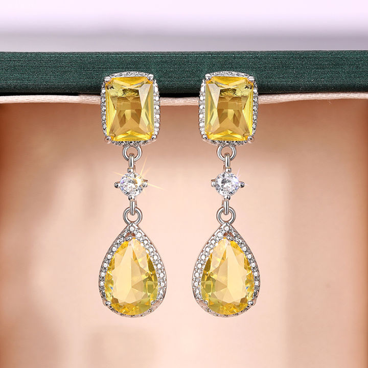 Huitan Fresh Pink/Yellow Cubic Zirconia Dangle Earrings for Women Temperament Elegant Female Earrings Engagement Wedding Jewelry