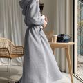 Autumn Winter Casual Women Hooded Cotton Long Dress Long Sleeved Pullover Solid Hoodie Shirring A-Line Floor-Length Rib Dresses.