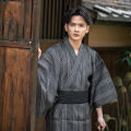 Summer Grey Japanese Traditional Samurai Kimono For Men Yukata Bathing Robe Hekoobi Loose Style Homewear Belt Long Gown Cotton.