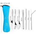 7pcs/ Set Stainless Steel Tableware Set Outdoor Portable Cloth Bag Knife Fork Spoon Chopsticks Straw Rich Flowers Seven Sets. 