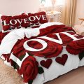 3Pcs Romantic Love Letter Red Rose Flower Pattern Bedding Set Included 1 Duvet Cover & 2 Pillowcases For Home Dorm Hotel Decor. 
