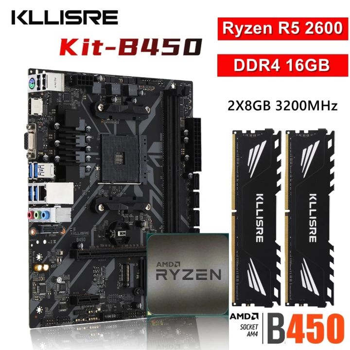 Kllisre B450 Kit AMD Ryzen R5 5 2600 Processor DDR4 16GB (2*8GB) 3200MHz Memory AM4 B450M Motherboard