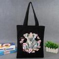 1pc Stylish Ailurus Fulgens Sakura Koala Print Black Tote Bag Eco Friendly Spacious Bag School Travel Yoga Bag Daily Use. 