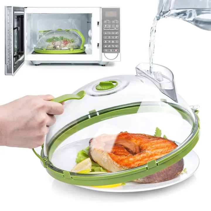 Microwave Cover for Food, Clear Microwave Splatter Cover with Water Steamer and Handle, 10 Inch Plate Covers, Kitchen Gadgets