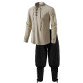 2Pcs Men's Medieval Knight Costume Set Renaissance Cosplay Pirate Shirts Ankle Banded Pants For Halloween Cotton Linen Fabric.