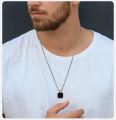 Vnox Black Square Necklace for Men, Stainless Steel Geometric Pendant, Casual Punk Boy Layer Cuban Box Figaro Chain Jewelry. 