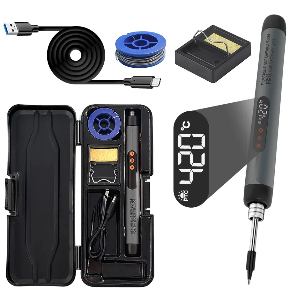Cordless USB Rechargeable Soldering Iron Kit – Digital Temp Display, 3-Level Adjustable (260–420°C), Complete Set With Stand & Case