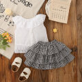 2pc/Set Girls' Suit Summer Bow And Plaid Lace Trim Short Sleeve Casual Toddler Girl Clothes Cute Simple Children Clothes. 