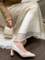 Elegant Pearl Embellished Pointed Toe Block Heels, Gentle Style Comfort Pumps, Classic Office Dress Shoes for Women.