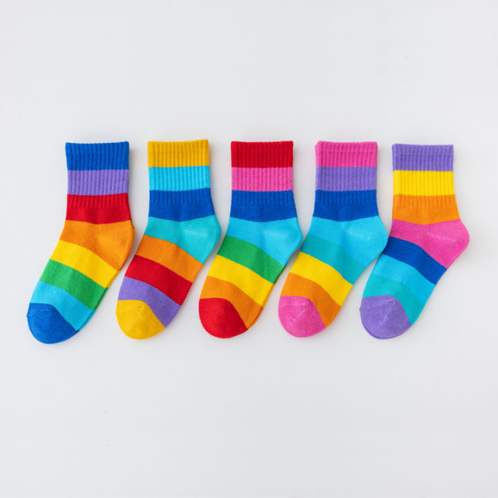 5%20Pairs%20Girl's%20Rainbow%20Pattern%20Socks%20Cotton%20Comfortable%20Breathable%20Soft%20Kids%20Socks%20-%20Image%203