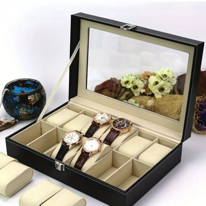 Premium PU Leather Exterior & Soft Velvet Interior 12-Compartment Watch Storage Box and Display Case – Essential Jewellery Organizer Box for Men and Women