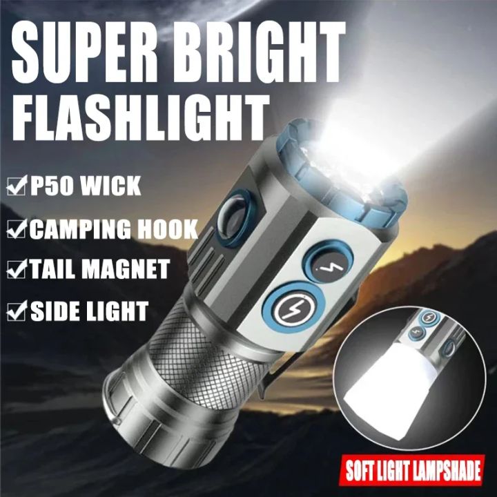 Powerful Mini LED Flashlight with RGB Light Al Alloy Pocket Torch Rechargeable Waterproof Hiking Camping Flash Light with Magnet
