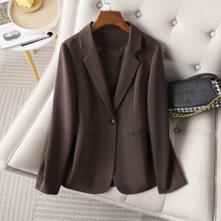 Brown Blazer for Women Spring and Autumn Workplace Style Versatile Casual, Long-Sleeved Small Suit Jacket
