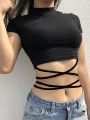 2022 Summer Women Black Short T-Shirts Sexy Crop Tops Short Sleeve Bandage Tee Tops Female Shirts. 