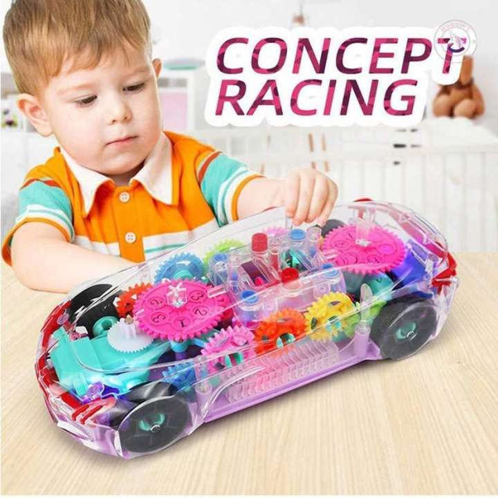 Transparent Concept Racing Car Toy – Light & Sound, Gear Simulation, 360° Rotating 3D Mechanical Concept Car for Kids