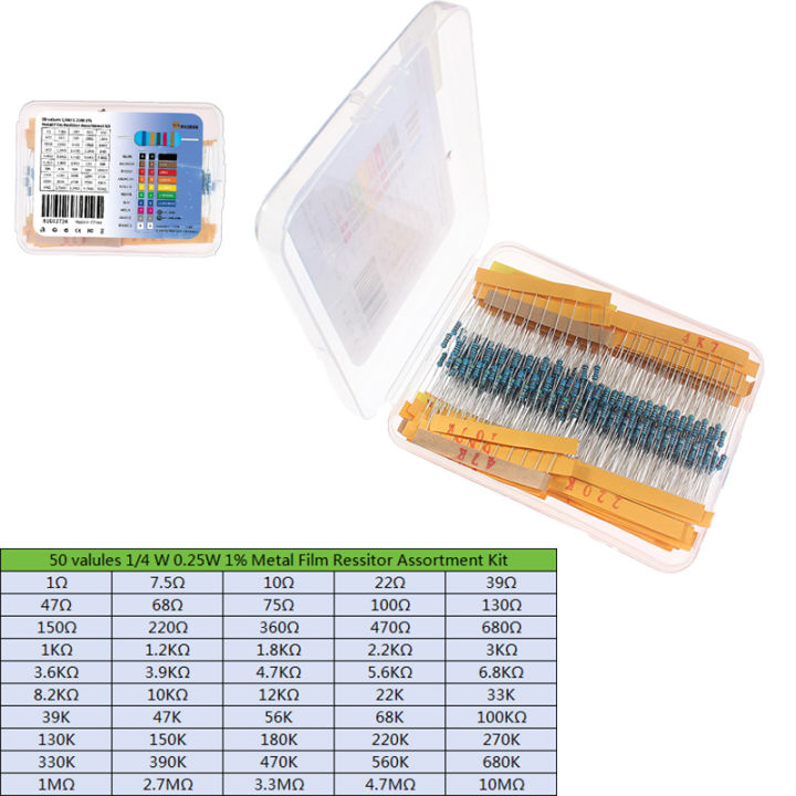 500 pcs Set of Resistors 0.25W 1 Ohm ~10M Metal Film Diy Electronic Kit 1/4 Watt  Resistor Assortment Kit Electronic Component
