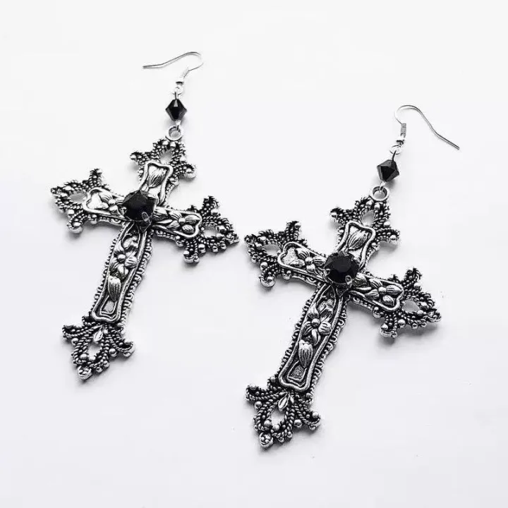 Punk%20Dazzle%20Goth%20detail%20Crucifix%20Black%20Zircon%20Jewelry%20Earrings%20Silver%20jewelry%20stylish%20gorgeous%20women's%20classic%20gift%20-%20Image%202