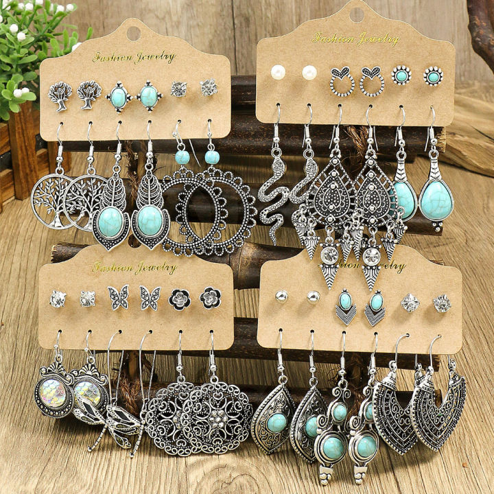 Women's Earrings Snake Pendant Vintage Boho Blue Stone Turquoise Ear Women Wholesale Mixed Ethnic Jewelry Sets Party