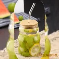 Ribbed & Round Tumbler Can Ring Glass Sipper, Juice Bow Glass,with Glass Straw, Square Glass Mug/ Transparent Coffee Mug Wooden lid Fruit Juice Milk Cup Glass. 