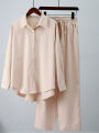 Summer Outfits for Women 2023 Fashion Loose Elastic Wrinkle Long Sleeve Shirt Wide Leg Pants Casual Set for Women 2 Piece Set. 