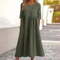 Summer New Cotton and Linen Casual Short Sleeve Pocket Fold Loose Round Neck Women's Dress 300. 
