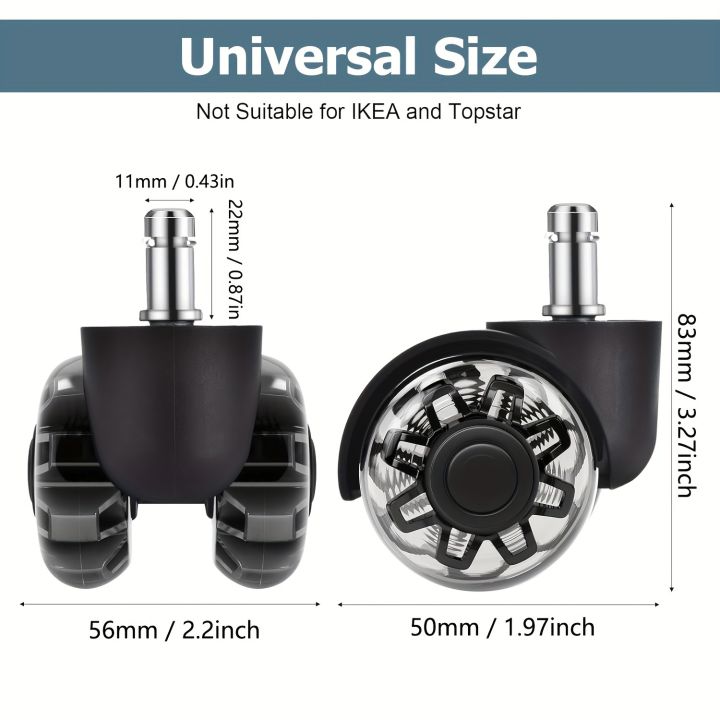 5pcs%202"%20Heavy%20Duty%20Gray%20PU%20Silent%20Swivel%20Stem%20Casters,%20Smooth%20&%20Durable%20Wheels%20for%20Office%20Chairs,%20Gaming%20Chairs%20-%20Image%204