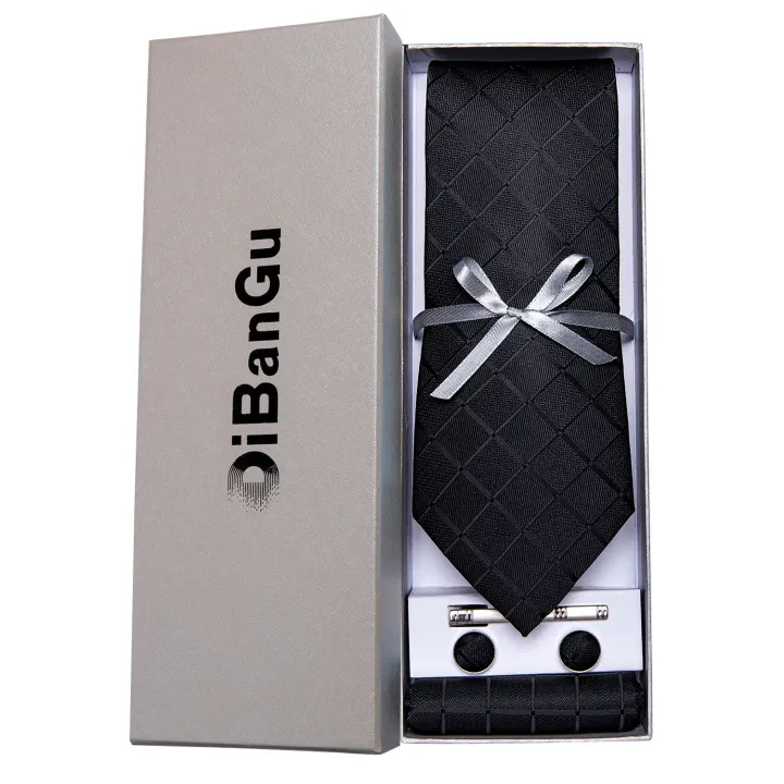 Solid Black Plaid Men's 8cm Polyester Neck Tie Handkerchief Cufflinks Set with Gift Box Tie Clip Birthday Anniversary Gift