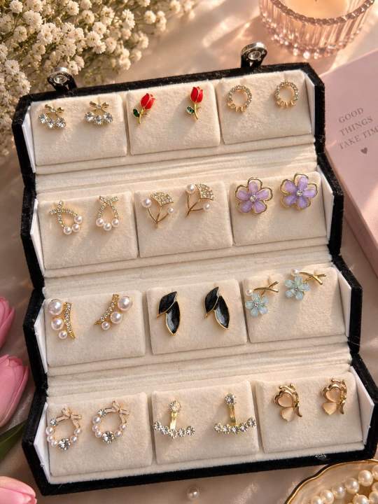 Any 12 pair korean Earings with Jhumka box jewelry box