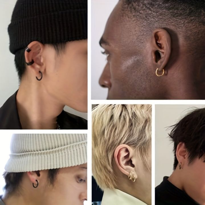 5%20Pcs%20Men's%20Simple%20Stainless%20Steel%20Hoop%20Earrings,%20Unisex%20Earrings,%20Cartilage%20Piercings%20Jewelry%20-%20Image%204