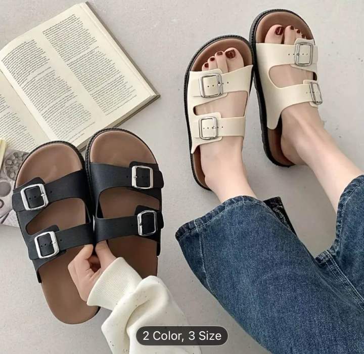 Women%E2%80%99s%20Slip-On%20Sandals%20%E2%80%93%20Double%20Buckle,%20Cushioned%20Sole,%20Casual%20Summer%20Footwear%20(Black,%20White,%20Brown)%20-%20Image%204