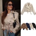 ETJ 2025 new women's British wind trench coat style double-breasted long sleeve belt lapel jacket short coat.