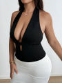 NewElegant Women  Hollow-Out Fashion Versatile Plus Size Vest Black Sleeveless Halter Neck Backless Top  Female Clothing. 