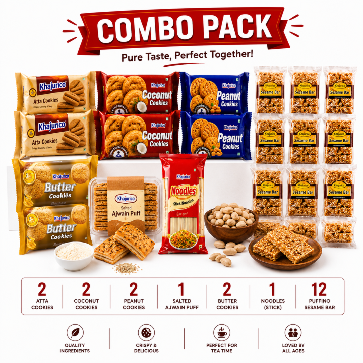 Khajurico Mega Snack Combo Pack | 2x Peanut, 2x Coconut, 2x Atta, 2x Butter Cookies + Salted Ajwain Puff + Puffino Sesame Bar (12 Pcs) + Stick Noodles