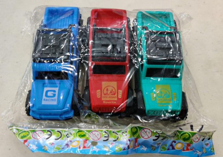 3 PCs pack of  4x4 Vigo Truck Model Small Size Plastic Toy Trucks - Pull-Back Action, in Different Colors"
