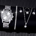 6 Pieces of Fashionable and Versatile Diamond Inlaid Rhinestone WOMEN'S Quartz Steel Band Watch+necklace+earrings+ring+bracelet. 