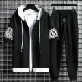 Set for Men Summer Men's Sports Suit 2-piece Print T-shirt Casual Hooded Quick Dry Running Long Pant Clothes Short Sleeve Shorts. 