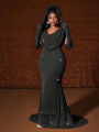 Plus Size Hat Waistband Hot Gold Fish Tail Swing Long Solid Colour Fishtail Slim Package Hip Dress Hooded.