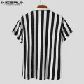 INCERUN Man Stylish Button Blouse Summer Casual Tops Masculina Fashion Striped Men's Shirts Short Sleeve Stand Collar Shirts 5XL. 