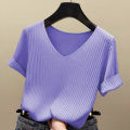 Knitted Short Sleeve Women V-Neck T Shirts 2026 Blue Slim Black Thin Knit Orange Tops Ladies Summer Camiseta Summer T Shirts.