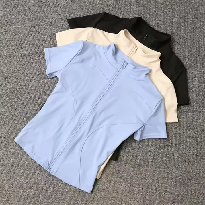 Women%20Summer%20Slim%20Yoga%20Tops%20Stand%20Collar%20Full%20Zipper%20Short%20Sleeves%20Shirts%20Solid%20Workout%20Clothes%20Gym%20Running%20Coats%20Lady%20Casual%20-%20Image%202