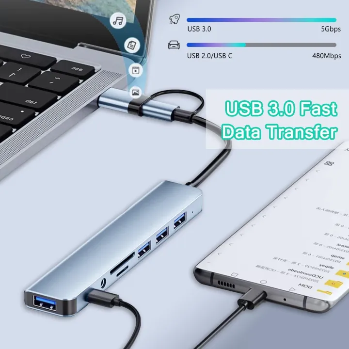 8 In 2 USB HUB With Splitter Card Reader, USB C Port, USB 3.0 / 2.0, SD ...