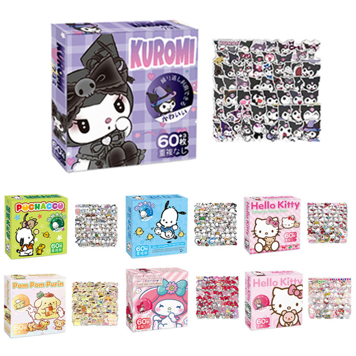 60Pcs Anime Stickers Sanrio Accessories Y2K Hello Kitty Things Kuromi Stickers Waterproof Cinnamoroll Pochacco Stickers Kid Toy