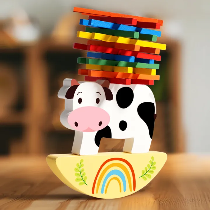 Stacking Cows Math Game Wooden Animal Stacking Block Game Cow Stacking Balance Toy Montessori ...